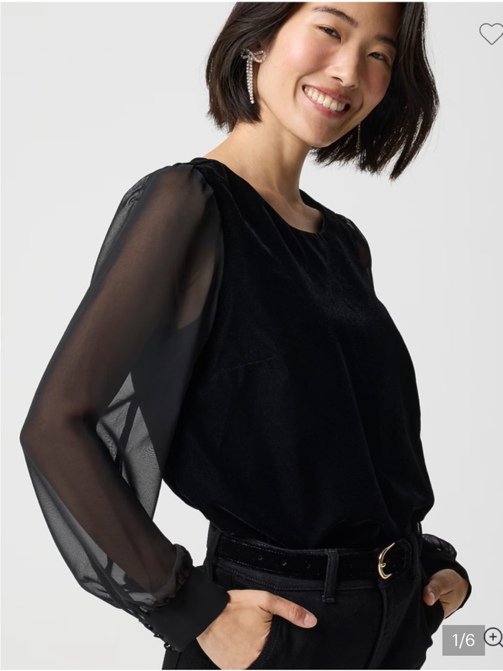 J. Crew Factory Black Velvet Top with Sheer Puff Sleeves